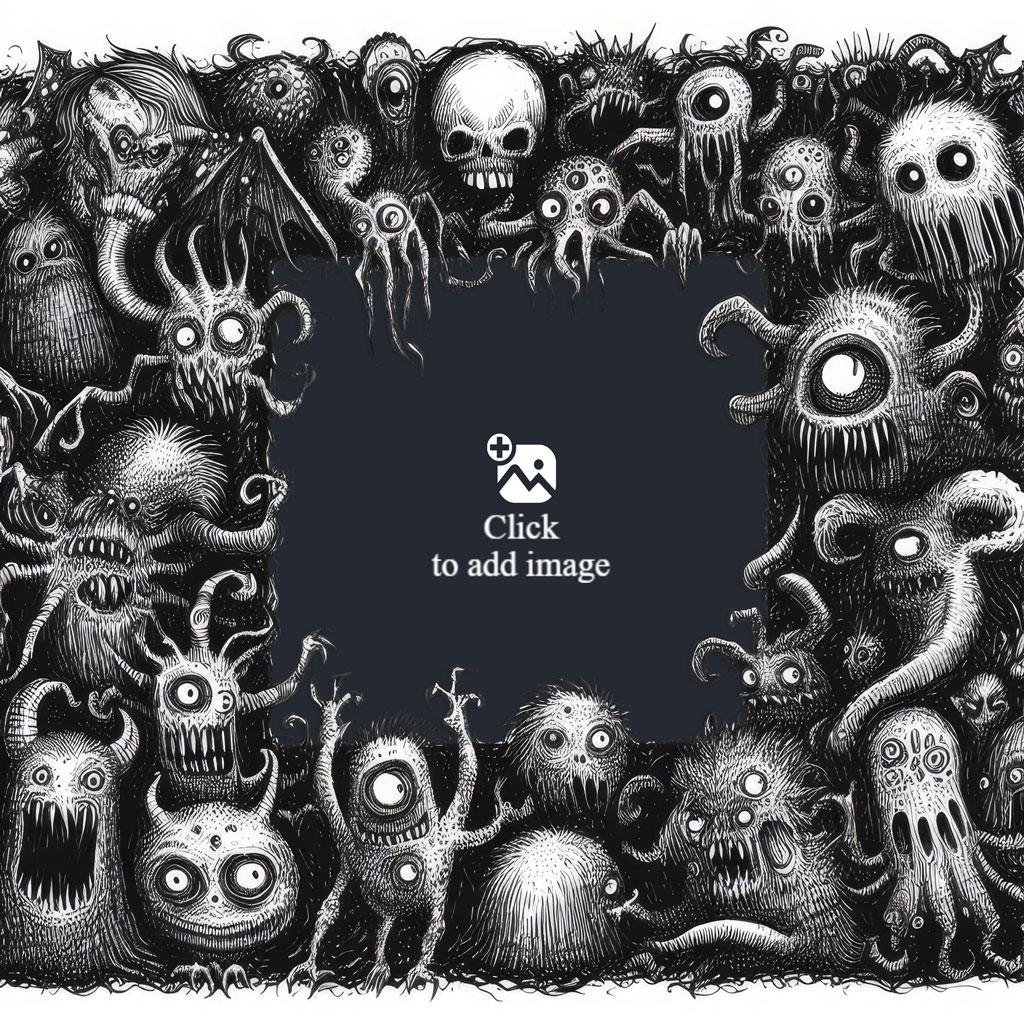 Black and white illustration of monsters surrounding a black space