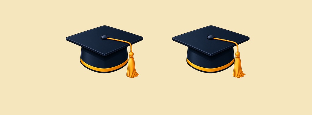 Two navy graduation caps with gold tassels on a light beige background.