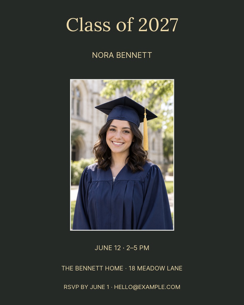 Graduation portrait post with a student in cap and gown, gold text, and event details on a dark background.