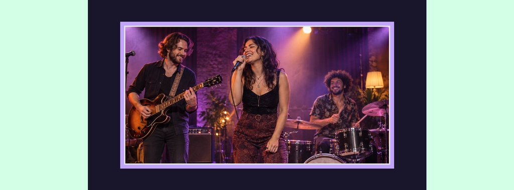 Live band performing on stage with singer, guitarist, and drummer under purple lighting