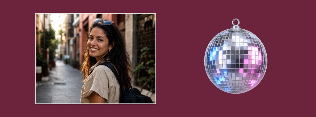 Smiling woman photo beside a disco ball on a dark burgundy background.