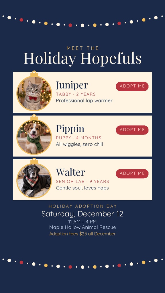 Festive Instagram story template featuring three adoptable pets and holiday adoption event details