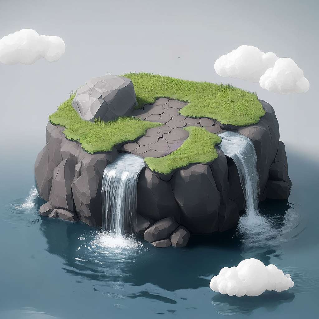 A 3D rendering of a small island with grass and rocks, featuring two waterfalls into the surrounding water.