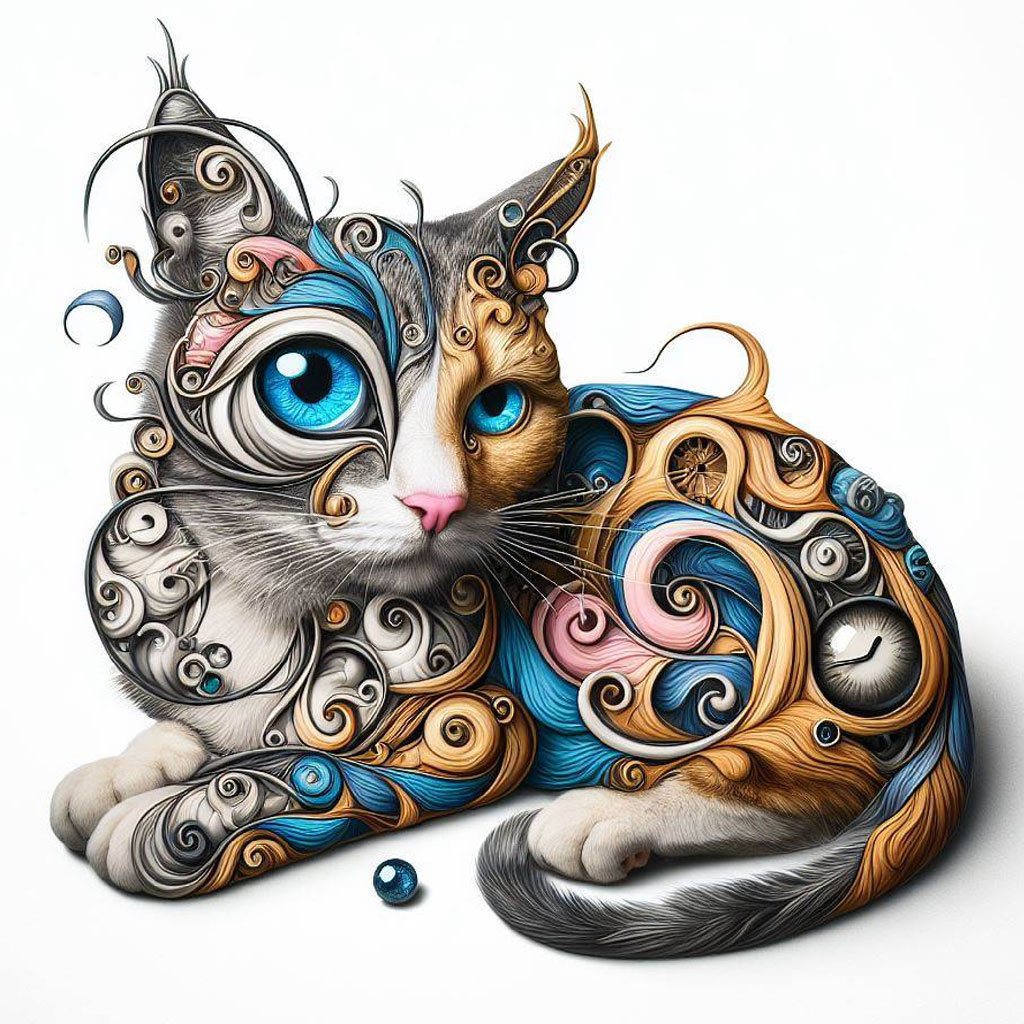 Surreal cat with orange and blue swirling patterns and tendrils