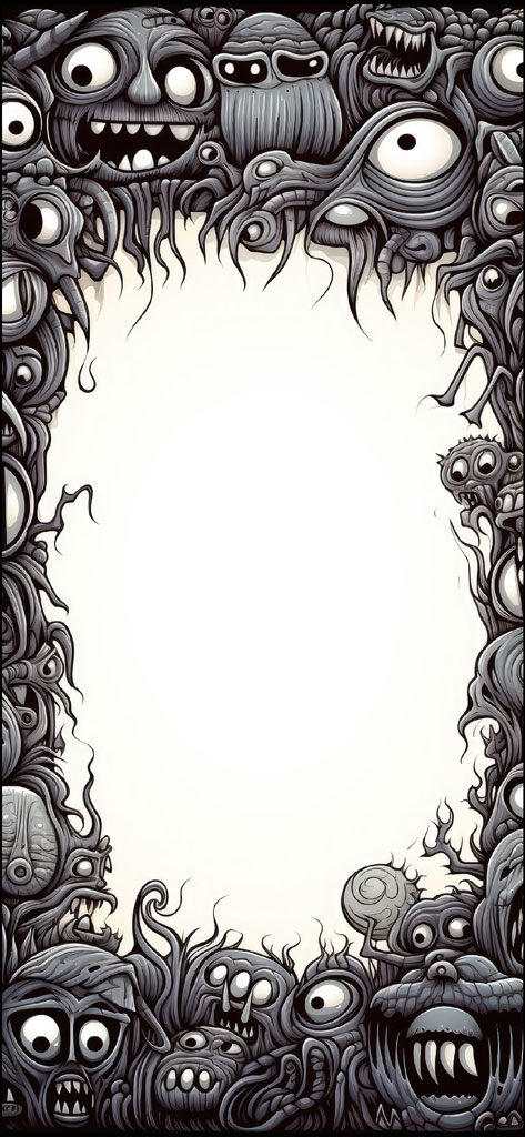 A black and white illustration of a frame surrounded by twisted, surreal creatures and monsters.