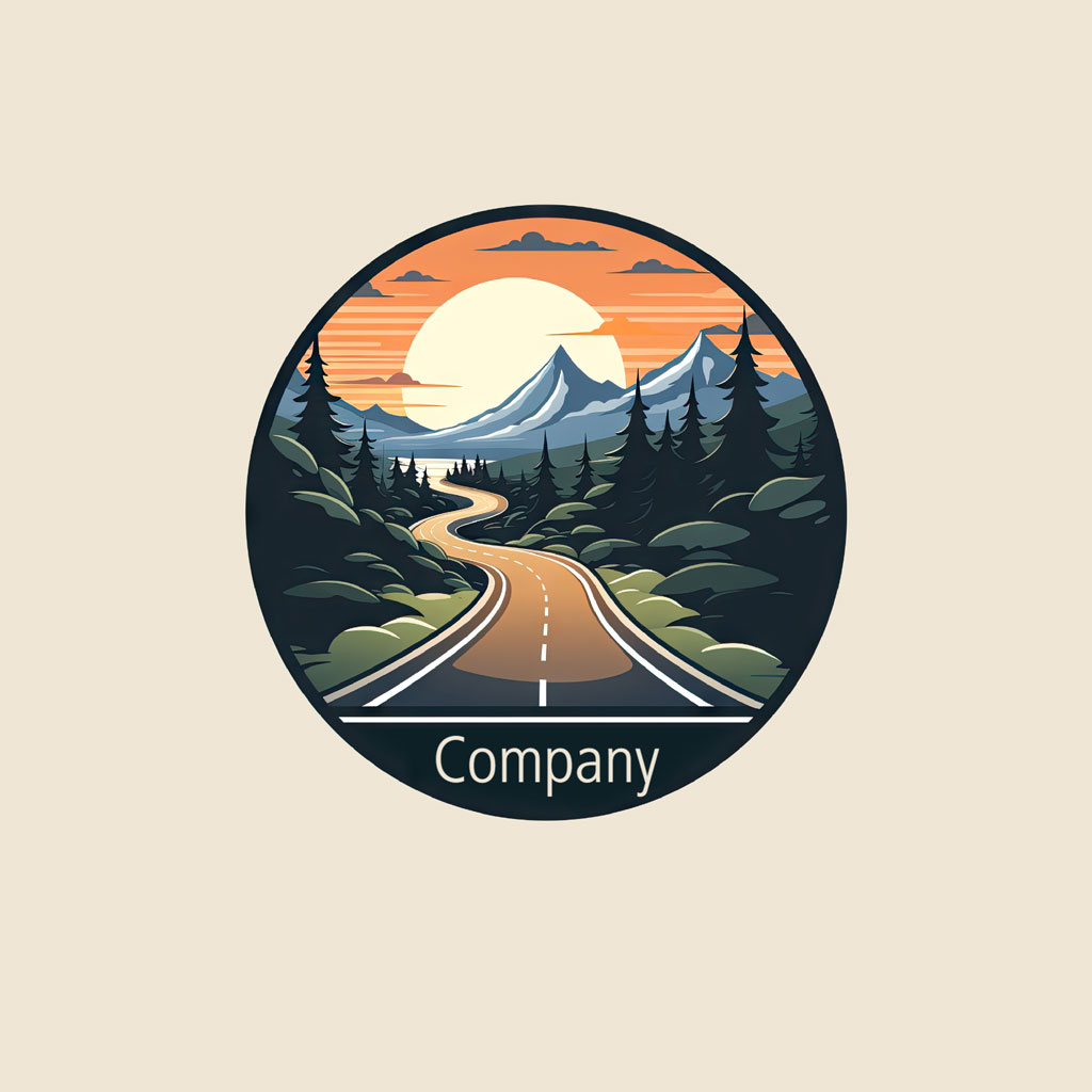 Company logo with a road and mountains