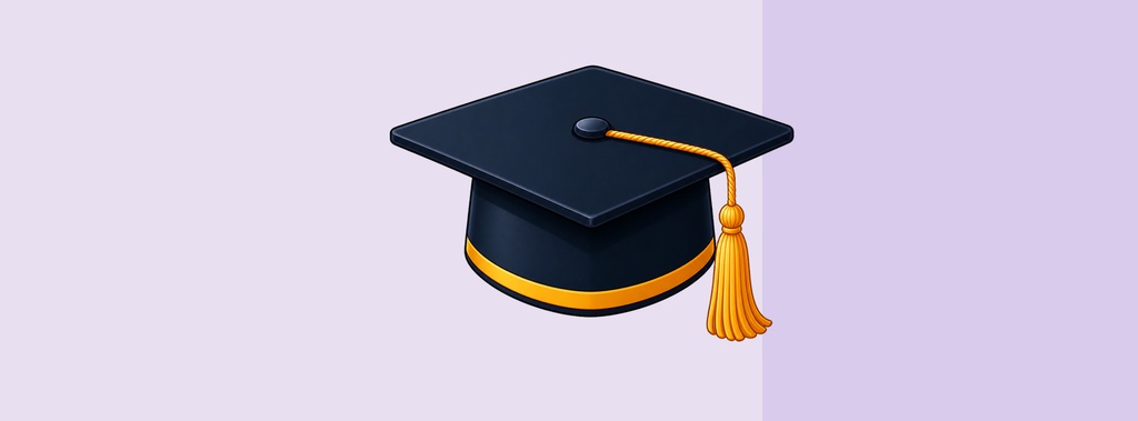 Black graduation cap with gold tassel on a light purple background