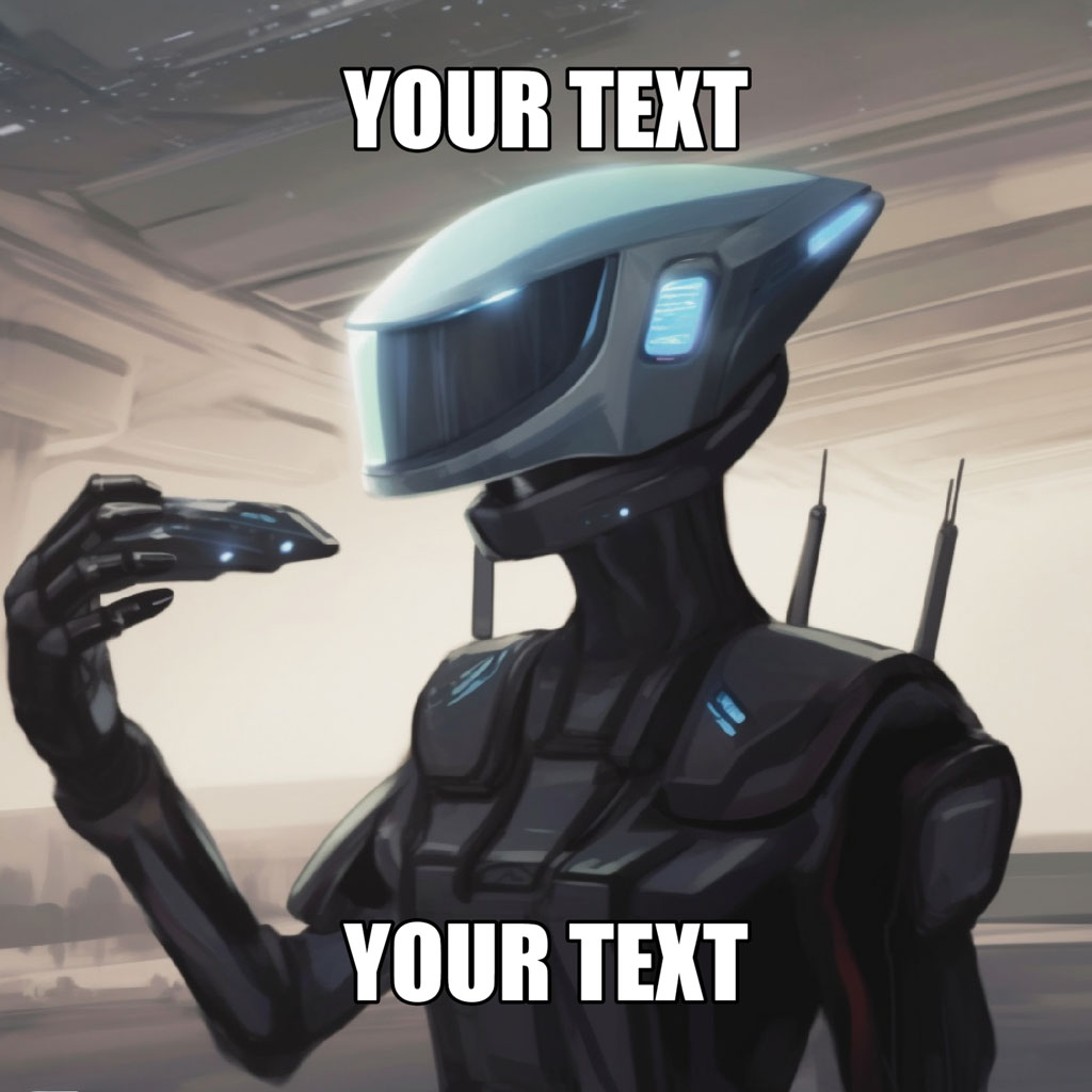 Futuristic robot holding a device with text overlay