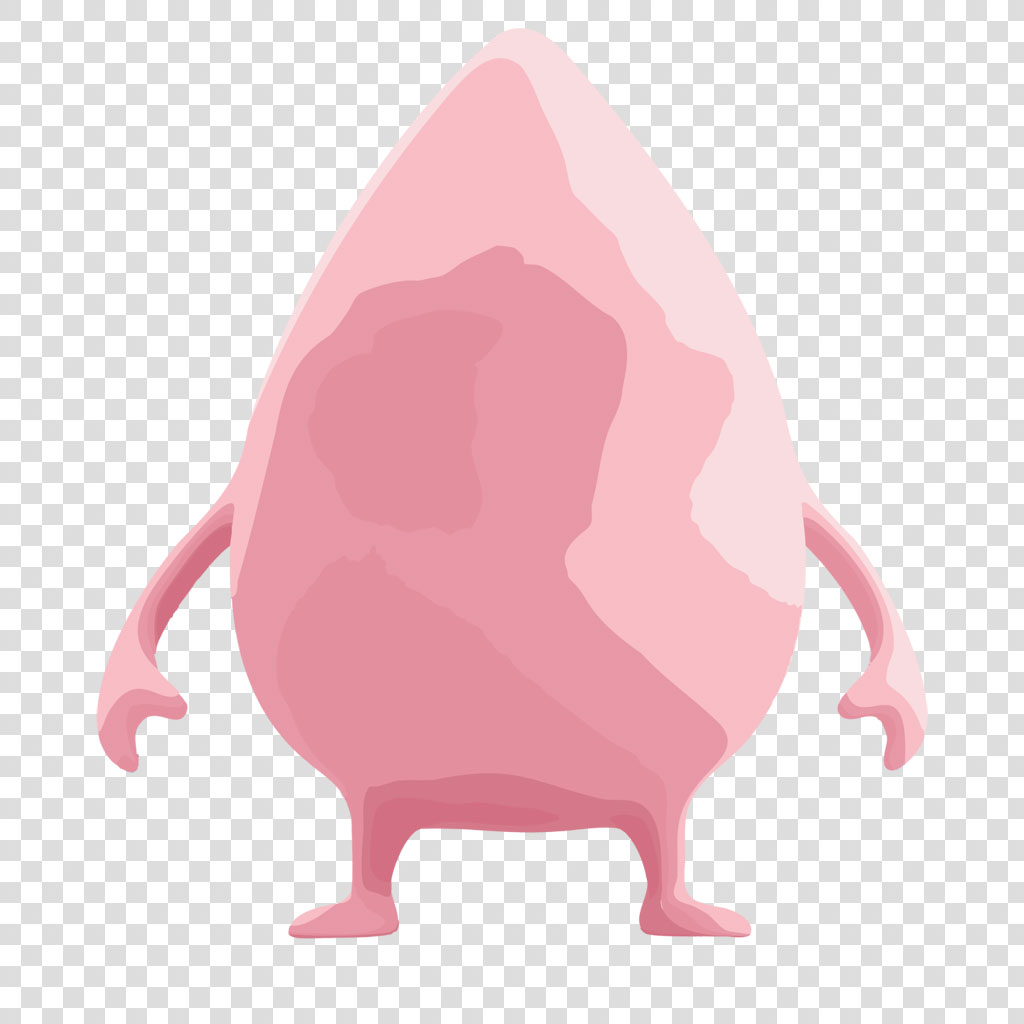 A pink teardrop-shaped cartoon character with three legs and two arms.