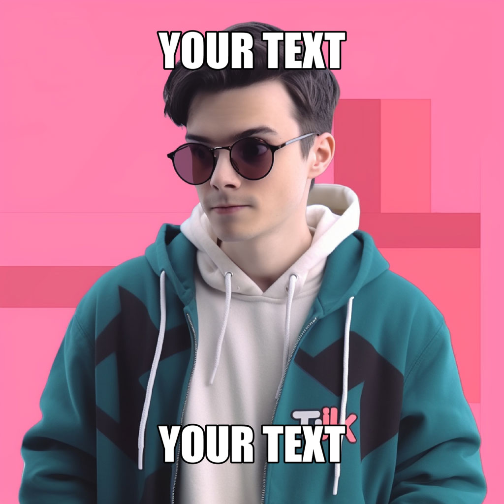 A young man wearing sunglasses and a teal hoodie over a white hoodie, standing in front of a pink background with geometric shapes.