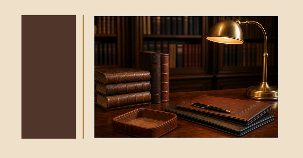 Book-themed cover with stacked leather books, a notebook, and a brass desk lamp on a wooden table.