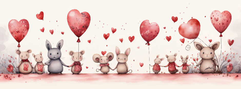 Illustration of rabbits and mice holding heart-shaped balloons amidst floating hearts