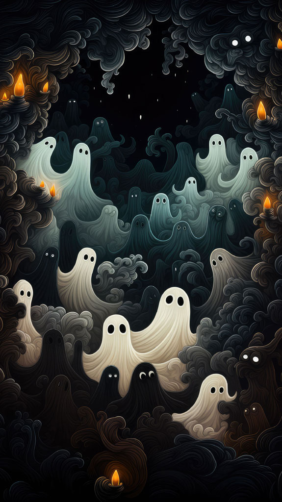 An illustration of numerous ghostly figures surrounded by dark, swirling clouds and lit candles.