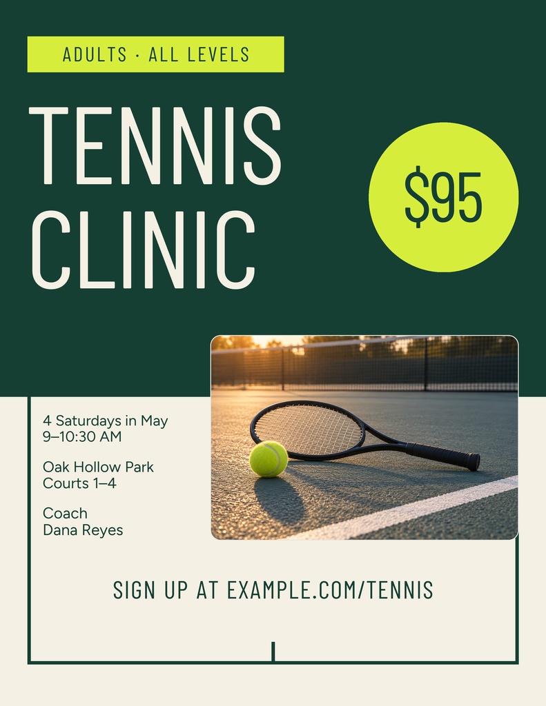 Preview for Adult Tennis Clinic Letter Flyer Template