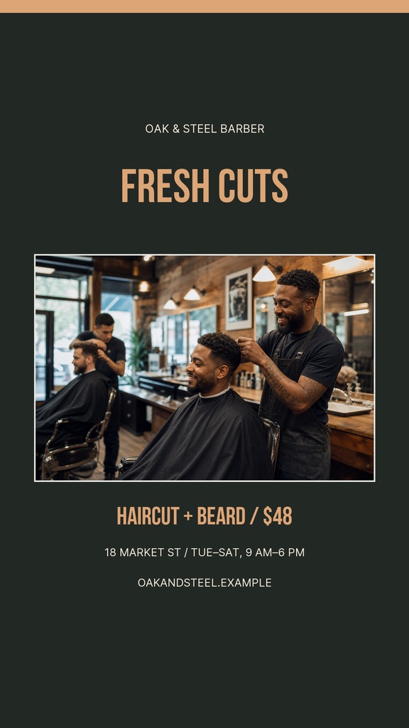 Vertical barber shop story design with fresh cuts headline, haircut photo, and pricing details.