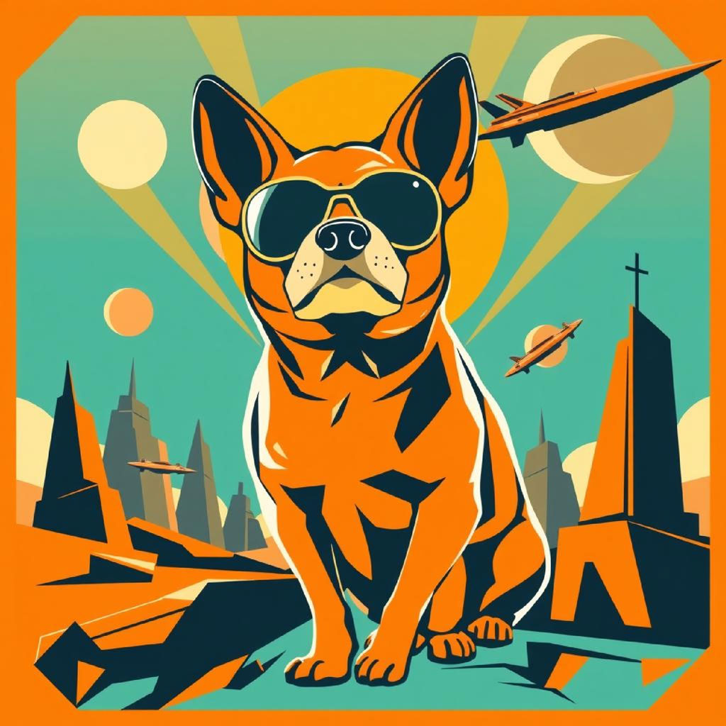 Illustration of a futuristic city with two space heroes and a woman in a bikini