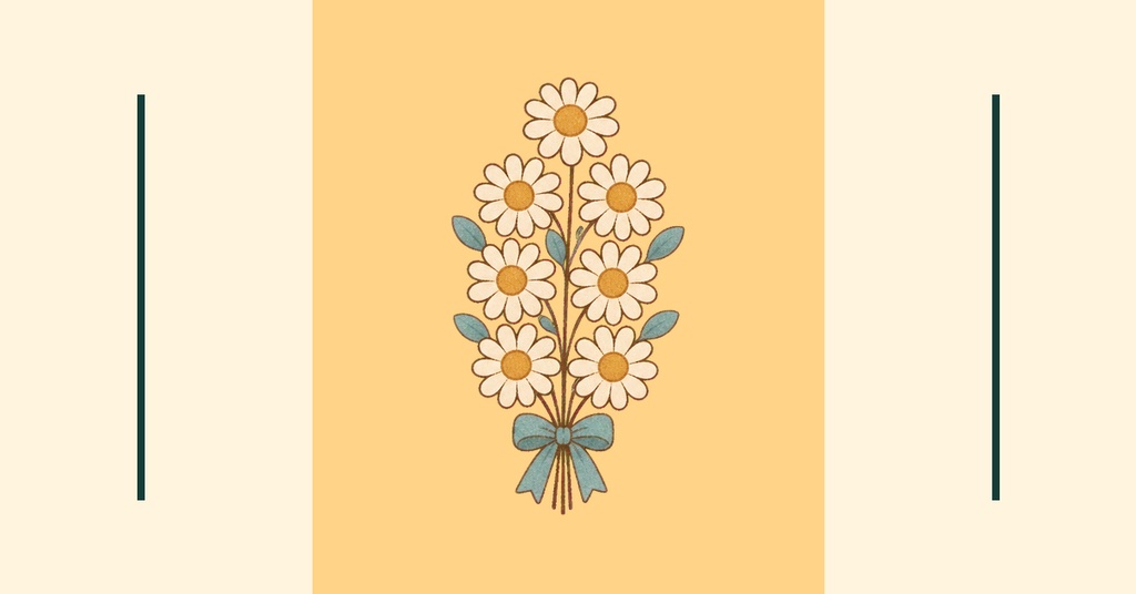 Minimal landscape cover with a centered bouquet of white daisies on a peach panel.