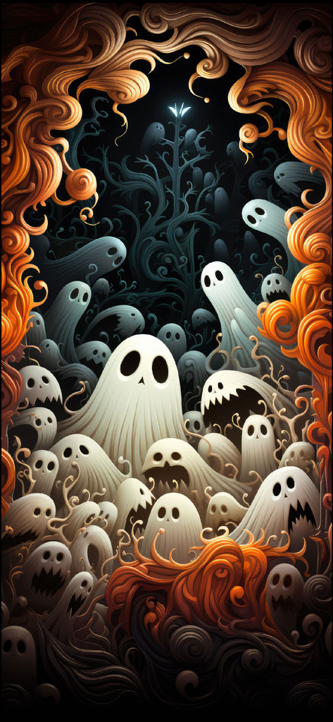 An illustration of numerous ghosts around a glowing tree with orange swirling patterns.