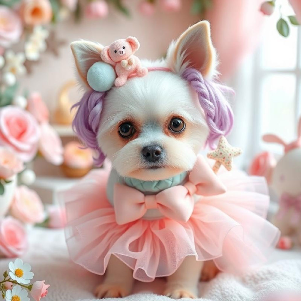 Young woman in a pink and white kawaii outfit surrounded by flowers