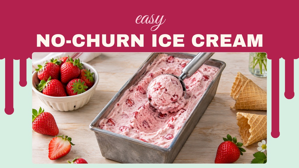 YouTube thumbnail with no-churn ice cream in a loaf pan, strawberries, and waffle cones on a pink background.