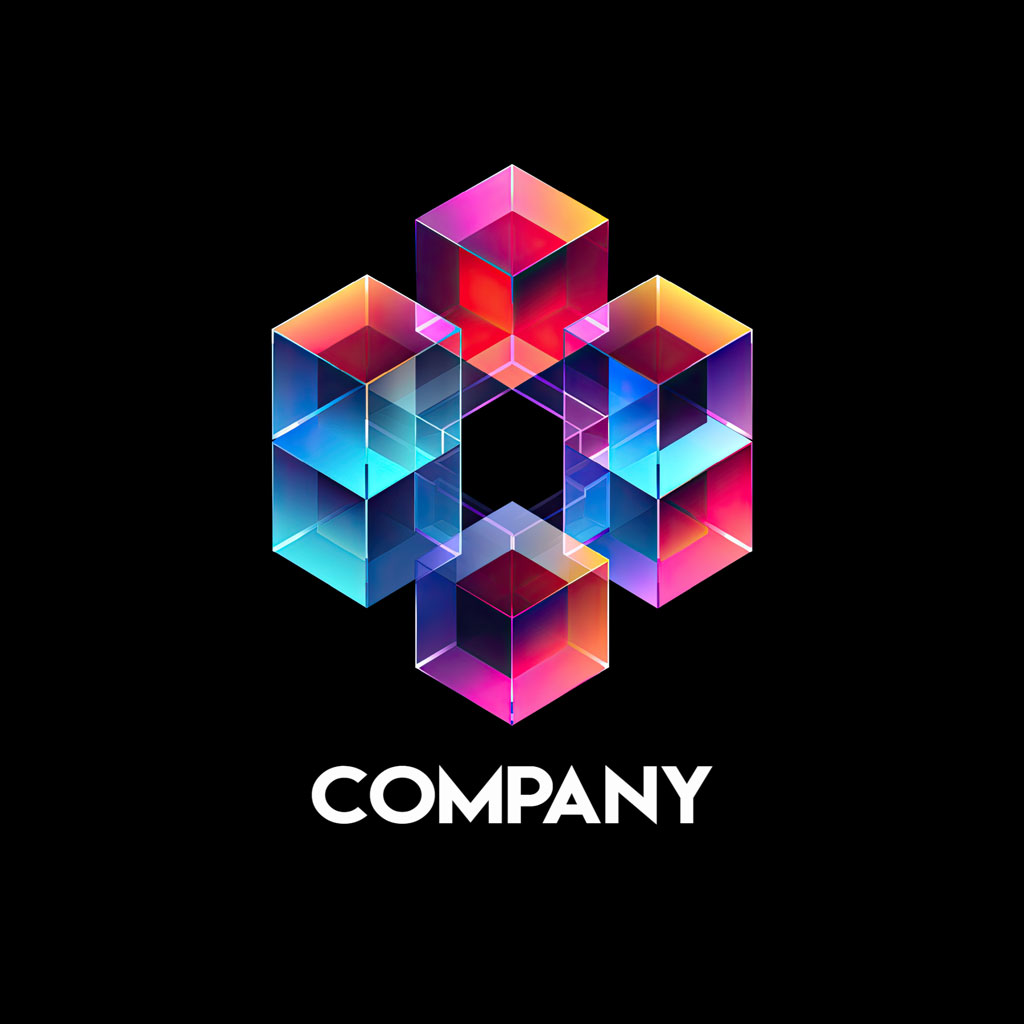 Colorful 3D cube logo on a black background