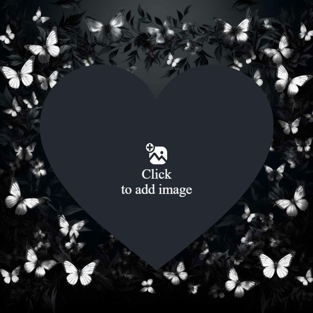 A dark heart shape with white butterflies and leaves around it.