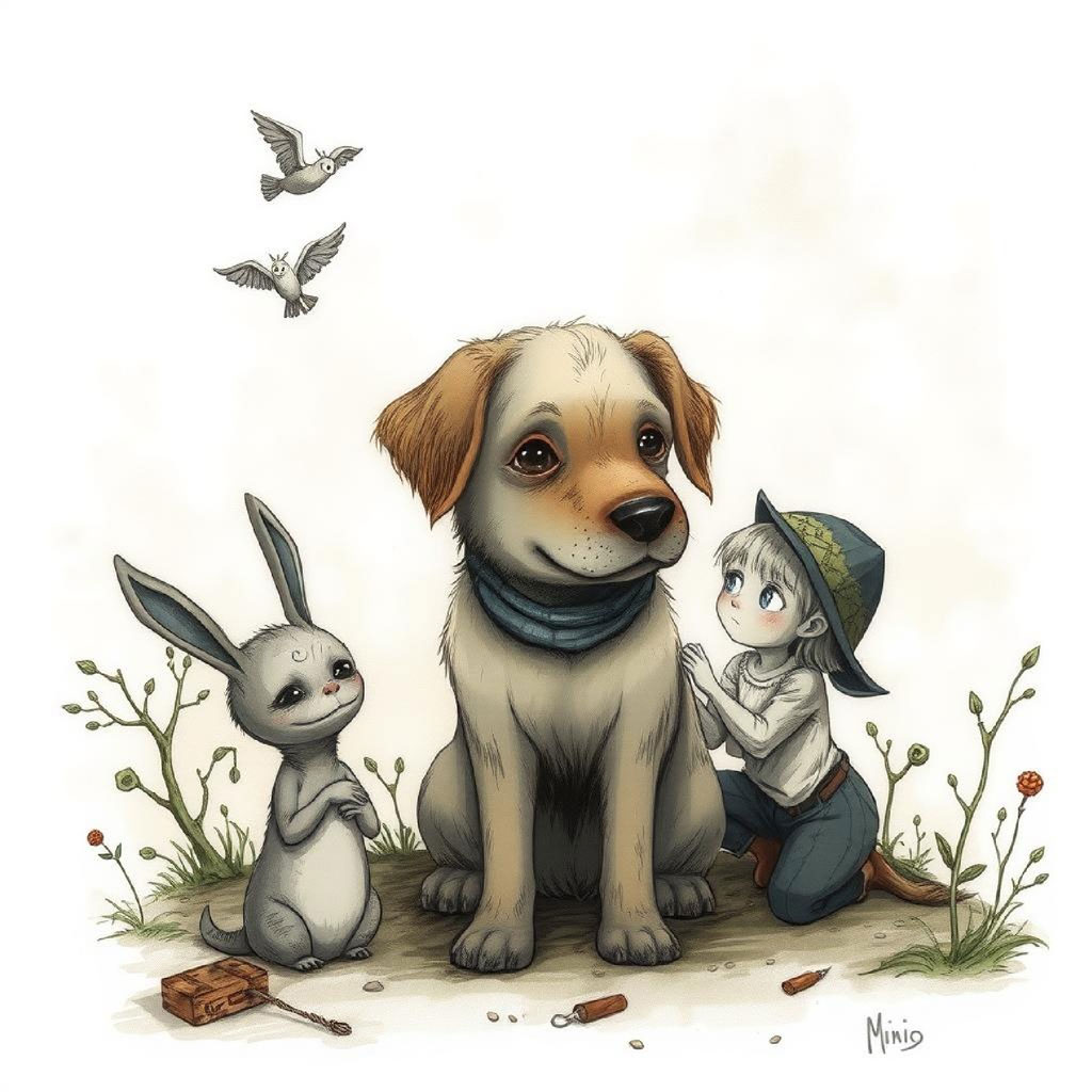 Illustration of a girl and a mythical creature near a dead tree