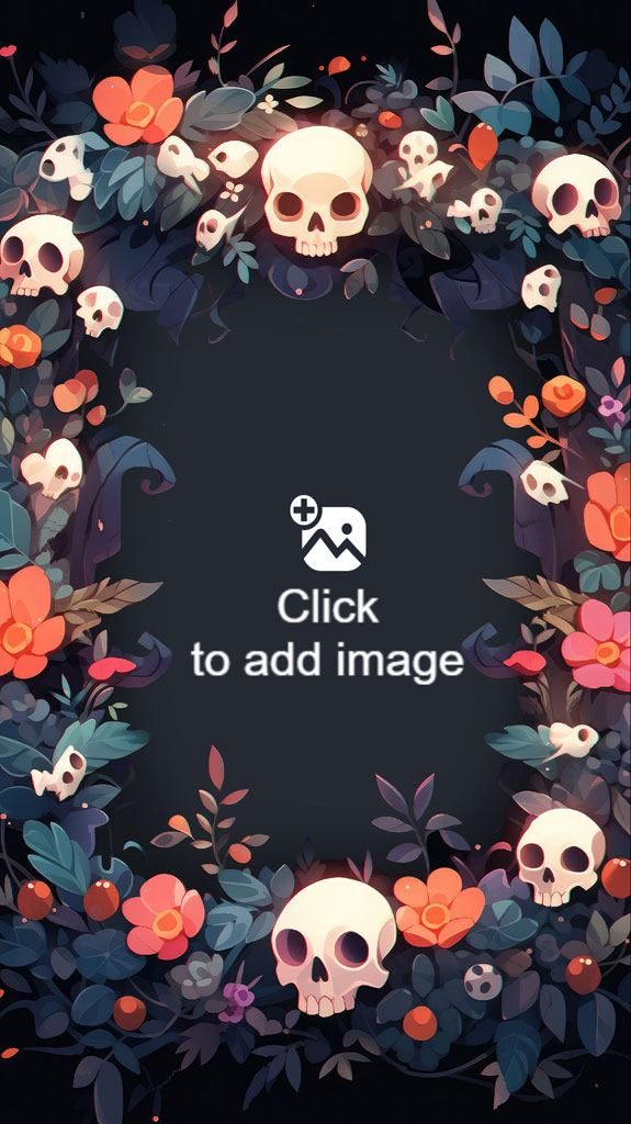 A dark floral frame with skulls and flowers