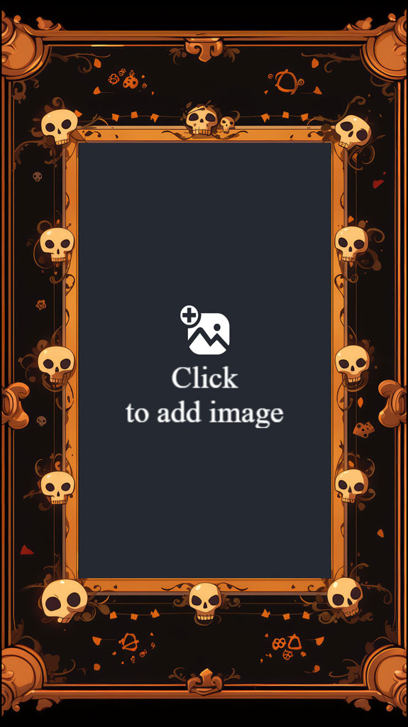 Halloween-themed frame with skulls and orange accents on a black background