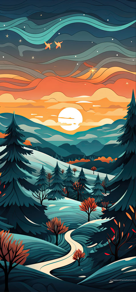 Illustration of a serene winter landscape with a winding path and vibrant sky.