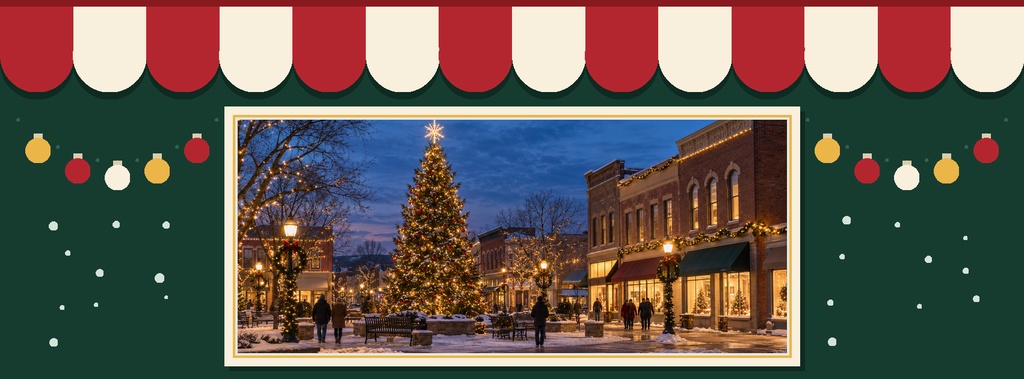 Festive page cover with holiday lights and a downtown Christmas tree scene at night