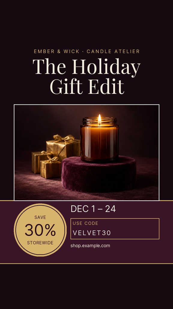 Portrait Instagram Story design featuring a lit candle, wrapped gifts, and a 30% off holiday sale layout.