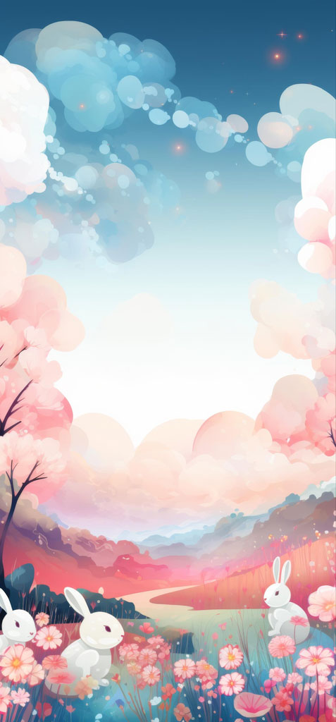 Illustration of white rabbits in a field of colorful flowers with fluffy clouds and a serene background.