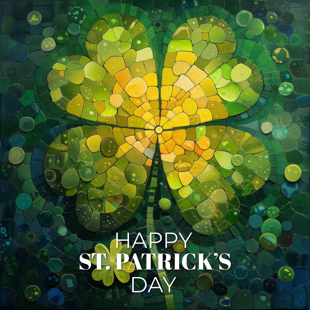 Mosaic shamrock with 'Happy St. Patrick's Day' text