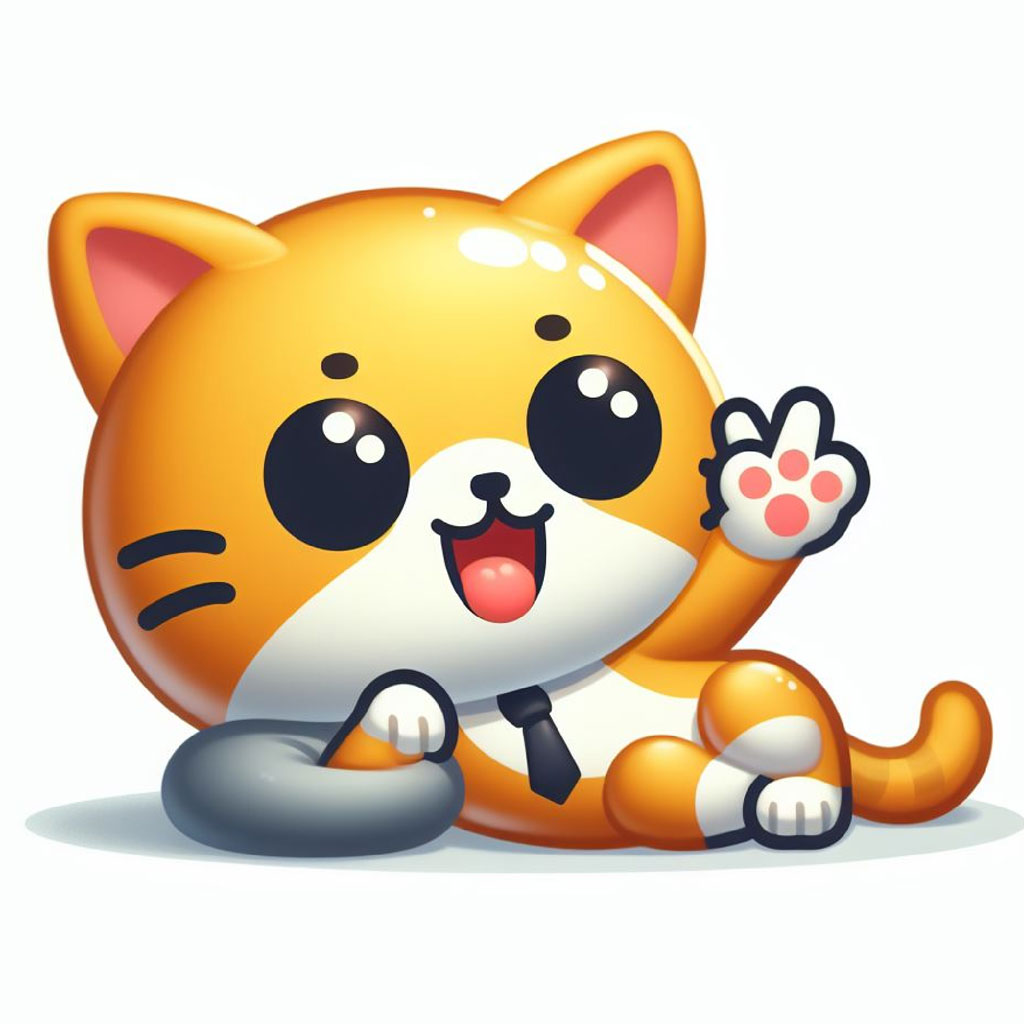 A smiling yellow cat face with orange ears and whiskers