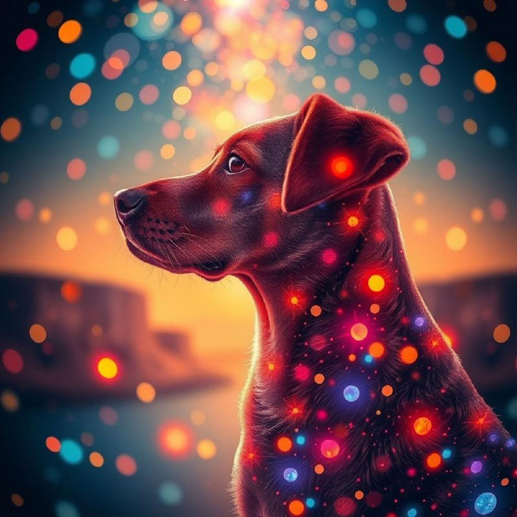 A woman in profile with a radiant glow and colorful particles around her.