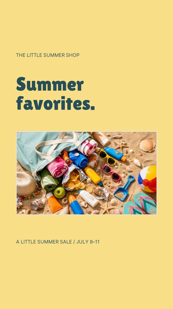 Yellow vertical sale design with Summer favorites text and a beach items photo.