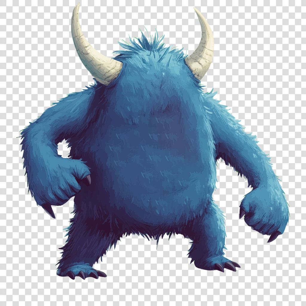 A blue, furry monster with two white horns and sharp claws on a white background.