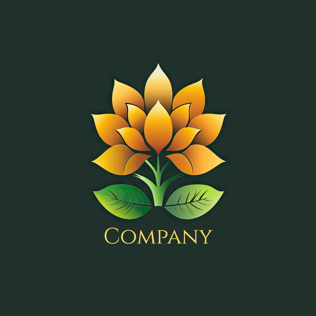 Company logo featuring a stylized yellow flower with green leaves