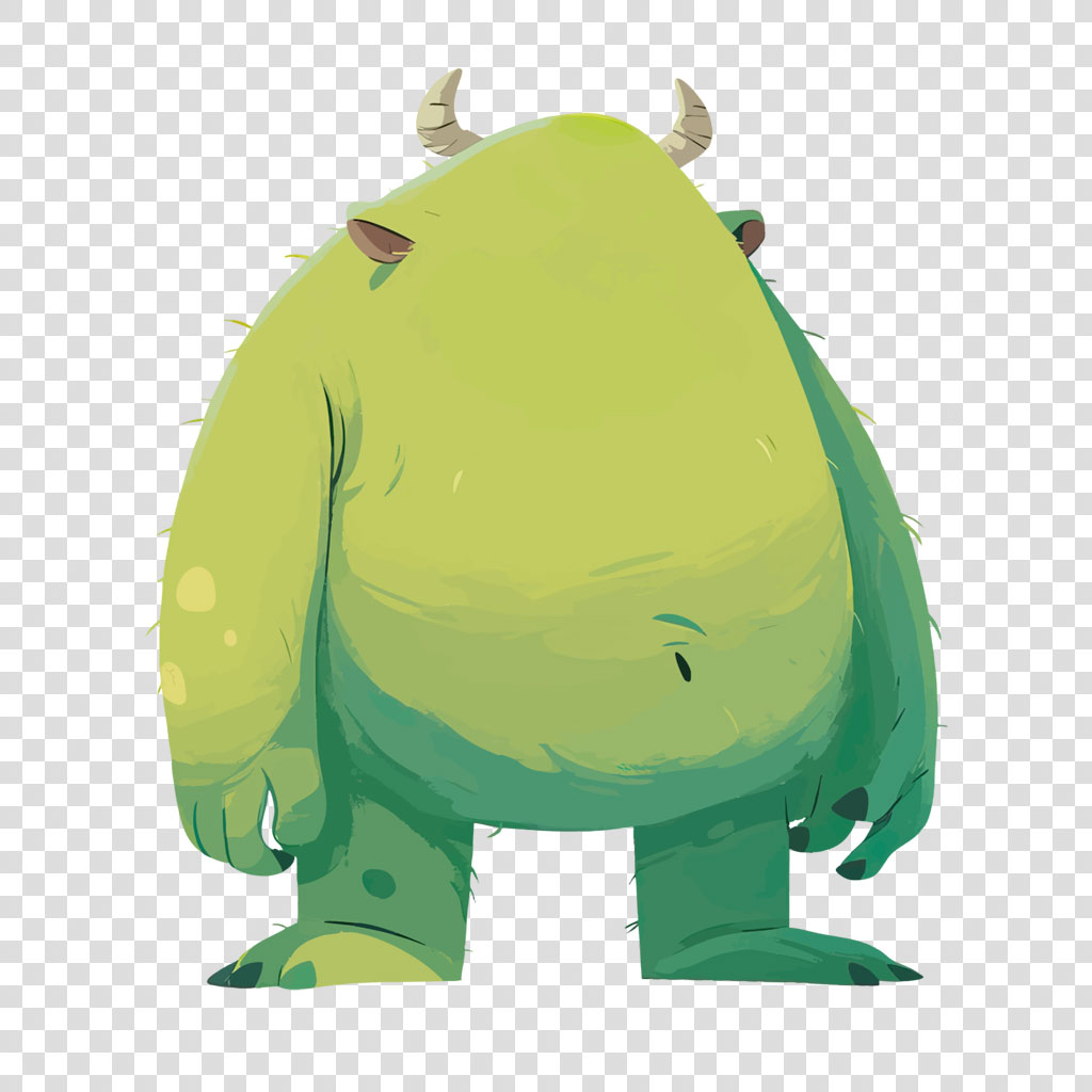 A cartoon-style green monster with two horns and a friendly appearance