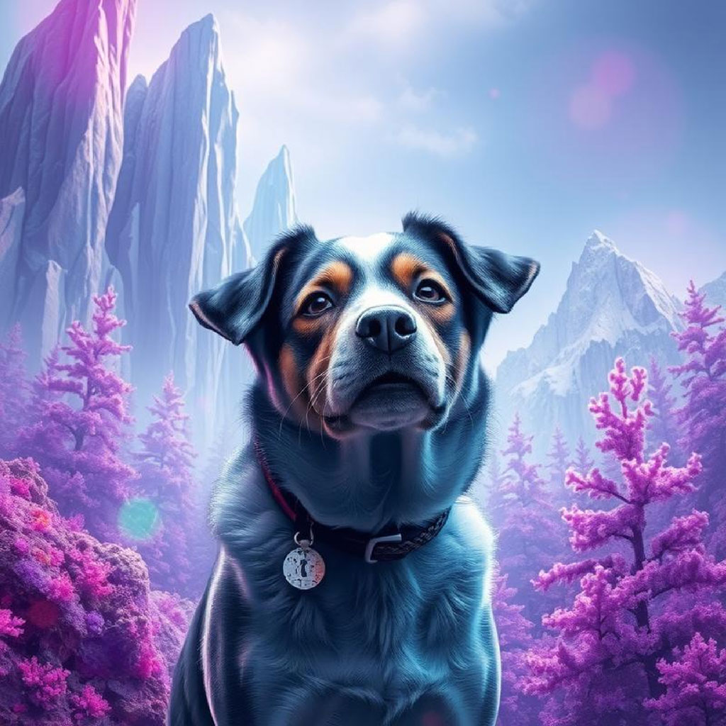 A woman with long blonde hair in a surreal landscape with pink flowers and rock formations