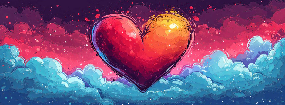 A red heart floating above blue clouds in a pink and purple sky