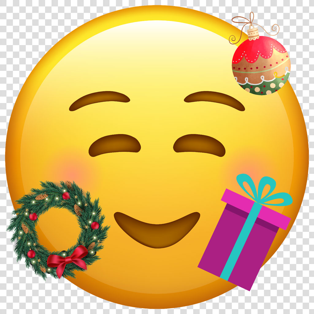 A yellow smiling face emoji with a Christmas wreath and gift