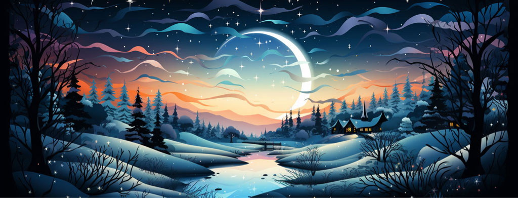 Illustration of a peaceful winter night scene with a crescent moon and snow-covered terrain.