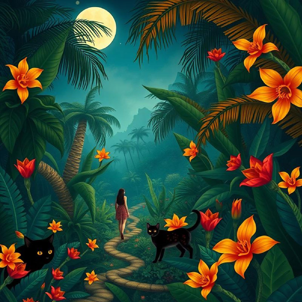 Woman in a red dress walking on a path in a jungle with black cats and orange flowers under a full moon.