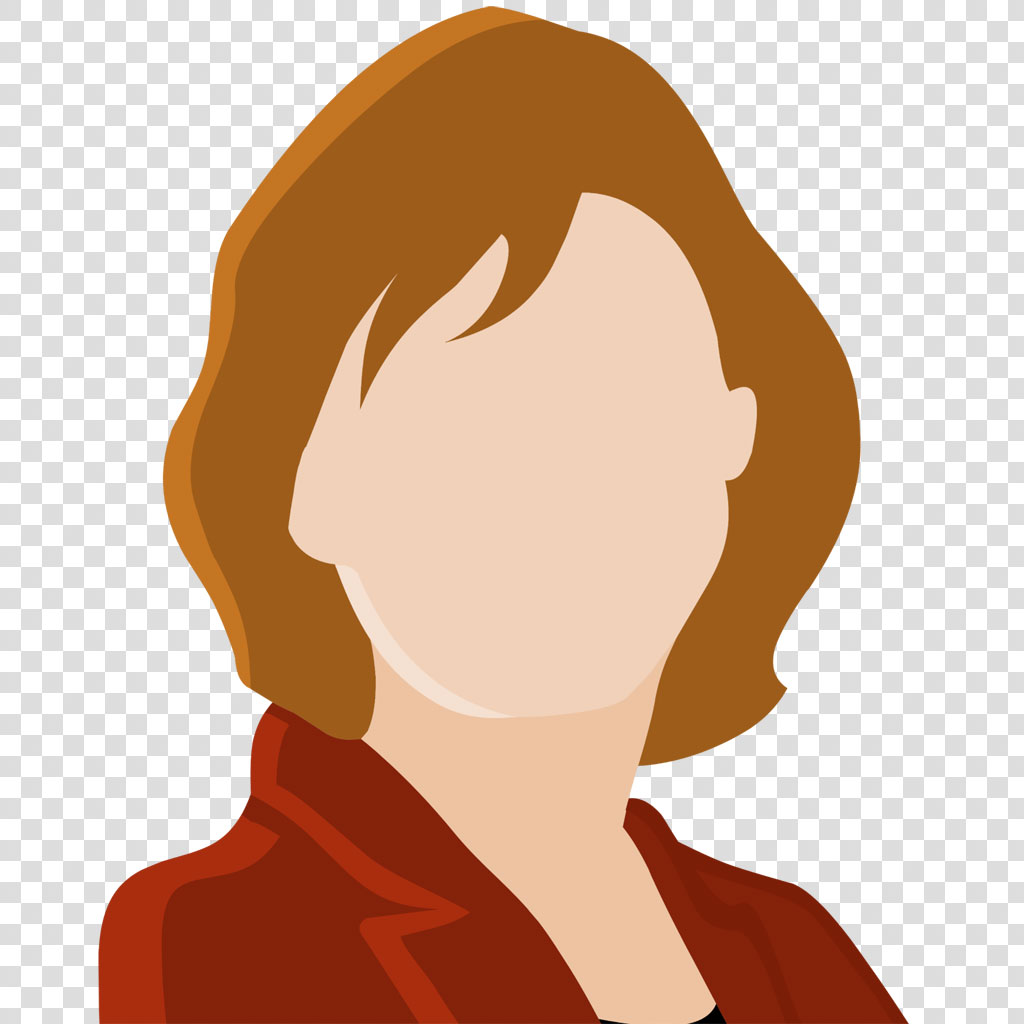 Illustration of a woman with short brown hair in a red blazer