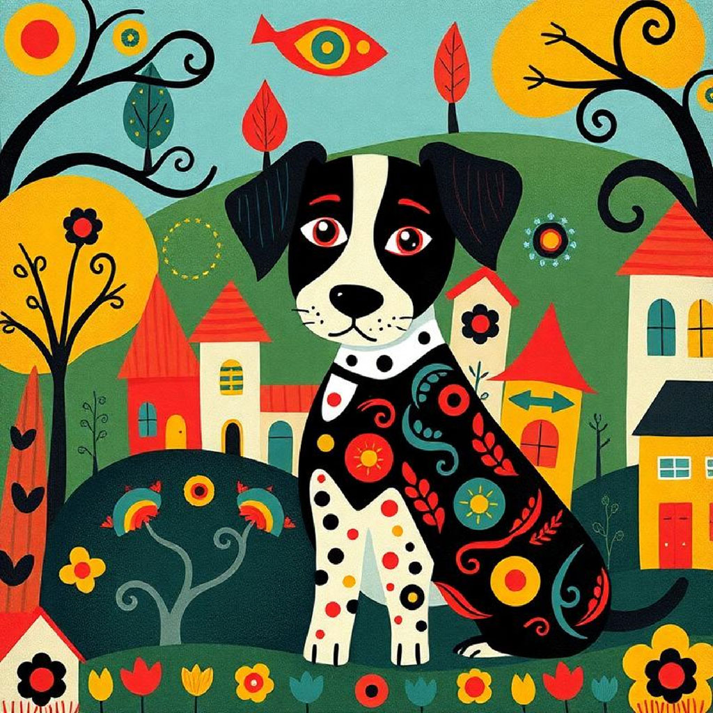 A black and white dog with colorful patterns sitting in a fantastical village with red and yellow houses and trees.