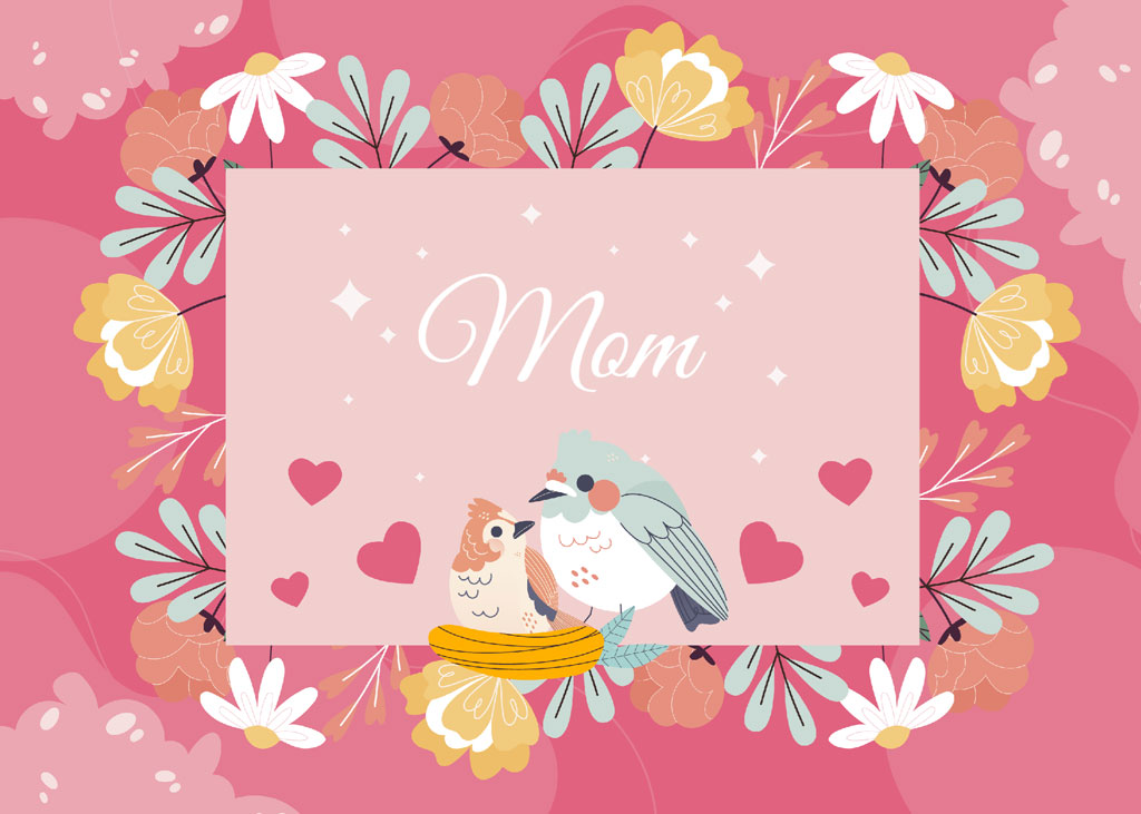 Mother's Day card with a mother bird and chick in a nest