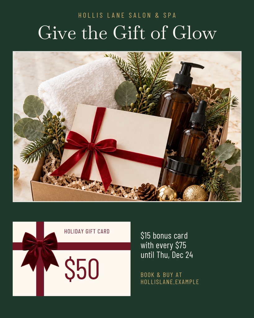 Holiday gift card layout with a wrapped present, spa products, and a $50 gift card offer.