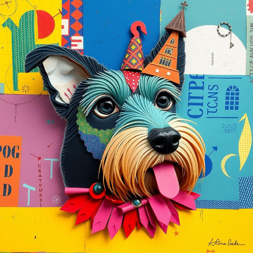 A stylized portrait of a woman with curly hair and red lips, surrounded by colorful houses and decorative elements.